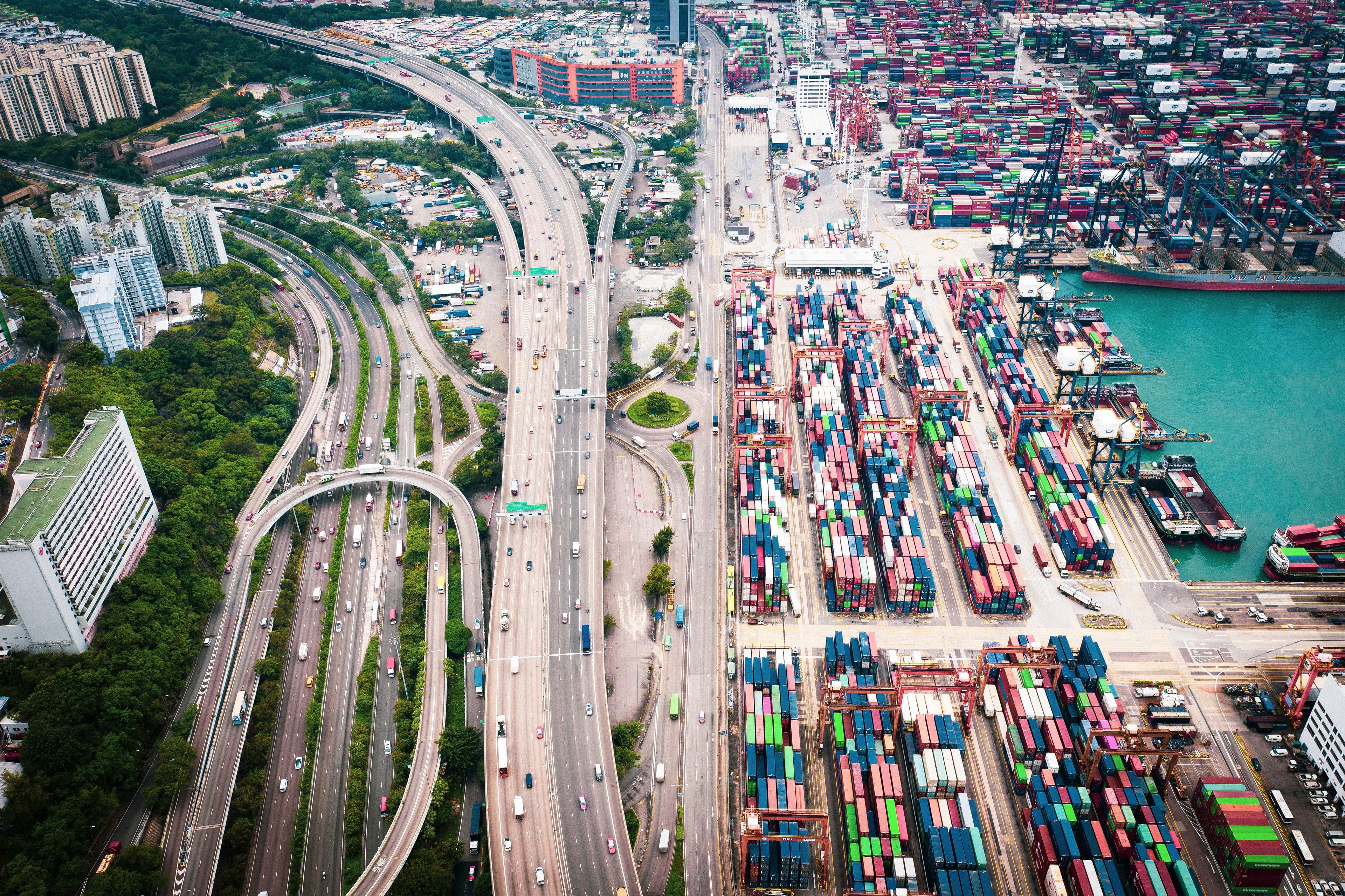 Global container terminal with cargo vessels